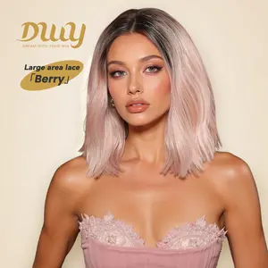 [CLEARANCE SALE] Berry -DWY 13×4 Lace Front Free Part Short-Length Wavy Pink Glueless Synthetic Wig for Women 14 Inches Curly Wig Blonde Highlight Wig
