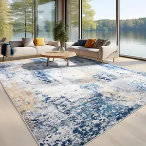 Large Modern Machine Washable Rug Non Slip Low Pile Large Abstract Rug For Living Room, Bedroom, Farmhouse, Dining Room, Light Blue, Black/Grey, Rust Red/Brown, 5x8, 7x10, 9x11 Feet