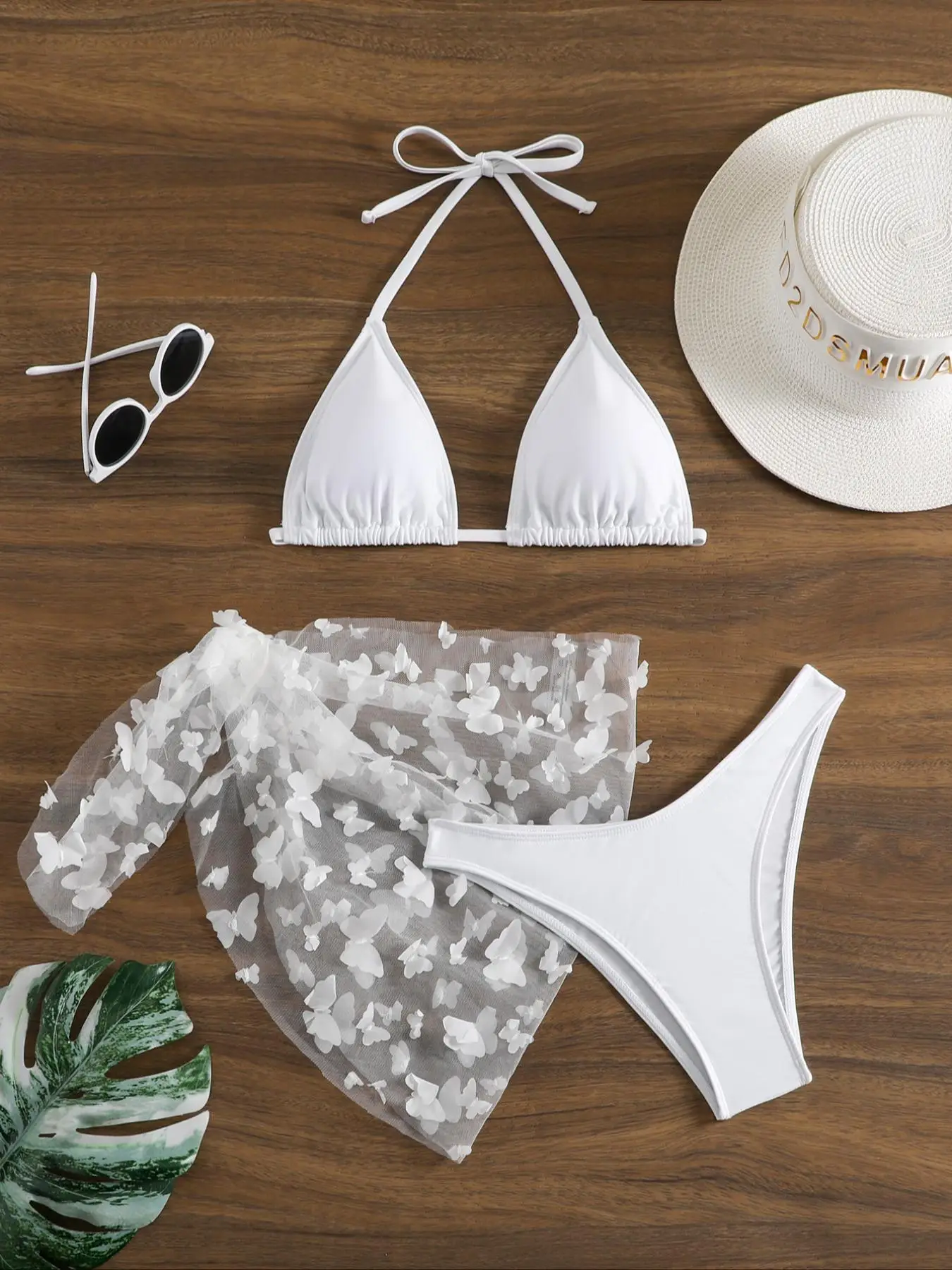 Women's Butterfly Appliques Sheer Bikinis Set, Halter Triangle Swim Cup Bra & High Cut Swim Panty & Knot Side Cover Up Skirt, Swimsuit Sets, Bathing S