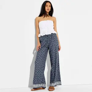 Women's Low-Rise Baggy Leg Linen Pull-On Pants - Wild Fable Navy Blue Paisley XL
