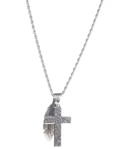 Twister Men's Silver Cross And Feather Pendant Necklace - 32140