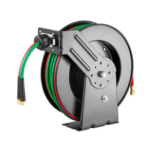 VEVOR Retractable Welding Hose Reel, 1/4-Inch x 50FT Twin Oxygen Acetylene Rubber Hose Max 300PSI - T Grade, Ceiling/Wall Mount Heavy Duty Steel Hose Reel Auto-Rewind, Ideal for Workshops Garages