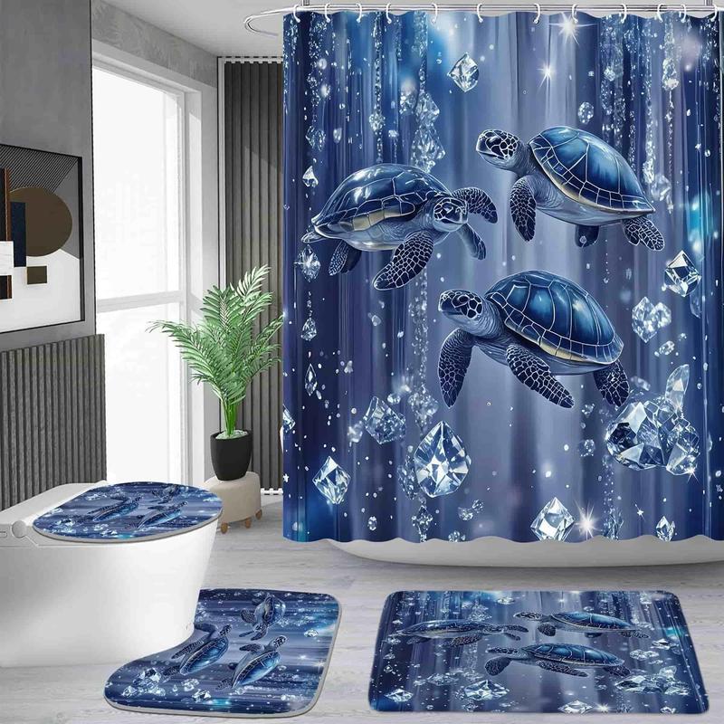 1/4pcs Sparkling Diamond And Turtle Pattern Shower Curtain Set with 12 Hooks Includes Non-Slip Bathroom Mat Toilet U-Shaped Pad Toilet Seat Cover Bathroom Decor And Bathtub Divider Perfect for Housewarming & Christmas Gifts