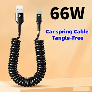 66W 5A Super Fast Charging Retractable Coiled Car Charger Cable, USB-A to C / USB-C to C, compatible with iPhone 17/16/15, Samsung, Xiaomi, and other Android devices.