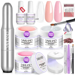 SAVILAND Builder Gel Nail Kit with Drill: 3 Hard Gels Infused with VE, VB5 & Keratin, Clear Pink Nude Colors, Includes Lamp & Brush, Strengthening Gel for Nail Extension & Shaping