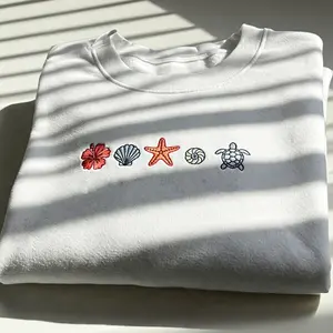 Sea Shells Embroidered Crewneck | Minimalist Beach Sweatshirt | Nautical Summer Pullover | Coastal Ocean Lover Gift | Surf Style Vacation Sweatshirt