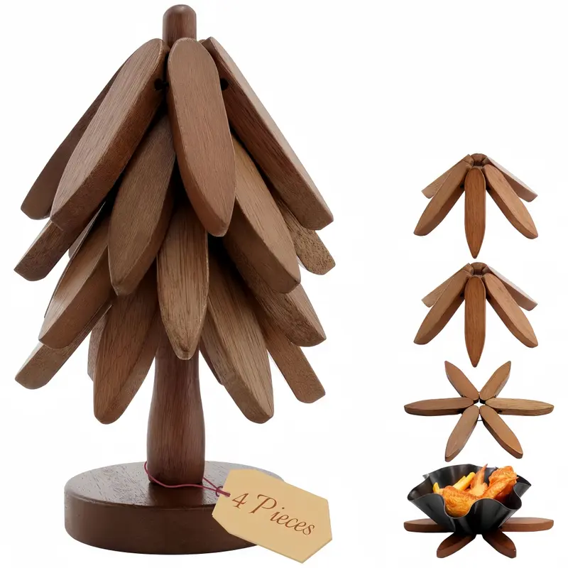 Set of 4 Walnut Solid Wood Vintage Decorative Wooden Trivets - 8.7in Compact Stand, 6in Heat-Resistant Tableware Coasters, Tree Silhouette Cozy Feel, Rustic Yet Modern Look, Heat-Safe Wood for Pots, Holiday-Ready Kitchen Gift for Hot Dishes