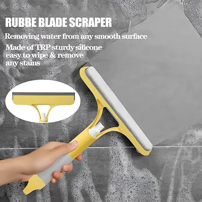 3-in-1 PVC Multi-Surface Window Squeegee Tool with Handle - Durable Scraper, Spray Scrubber, Lightweight Silicone Microfiber Wipe, Stiff Bristles, Plastic Construction, Scrape-Rinse-Wipe Functions for Daily Cleaning of Desk, Toilet, Car Windshield