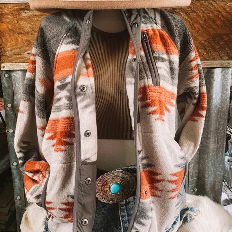 Womens Vintage Fleece Jacket Western Aztec Print Long Sleeve shacket trendy woman puffer  jacket winter  coat