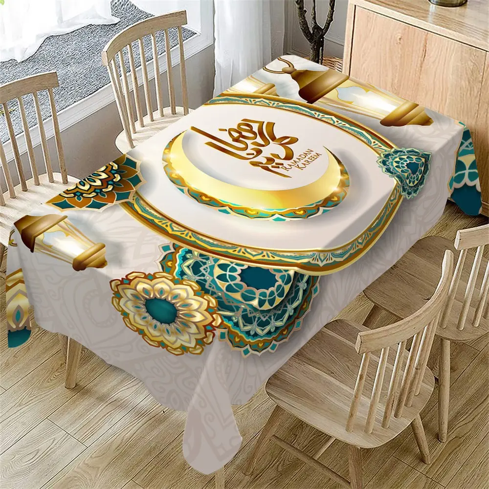 Ramadan Tablecloth, Picnic Table Cover, Ramadan Kareem & Mubarak Design, Mandala Lantern Motif, Washable Fabric, Ideal for Festive Celebrations