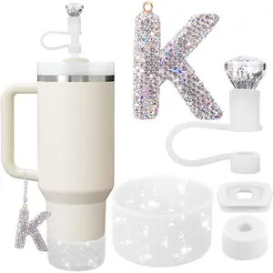 Set for Stanley Cup Accessories, Letter Charm, Including Diamond Straw Topper, 2 Pcs Silicone Spill Proof Stopper, Sparkly Silicone Boot Set 40/30OZ (WHITE K)