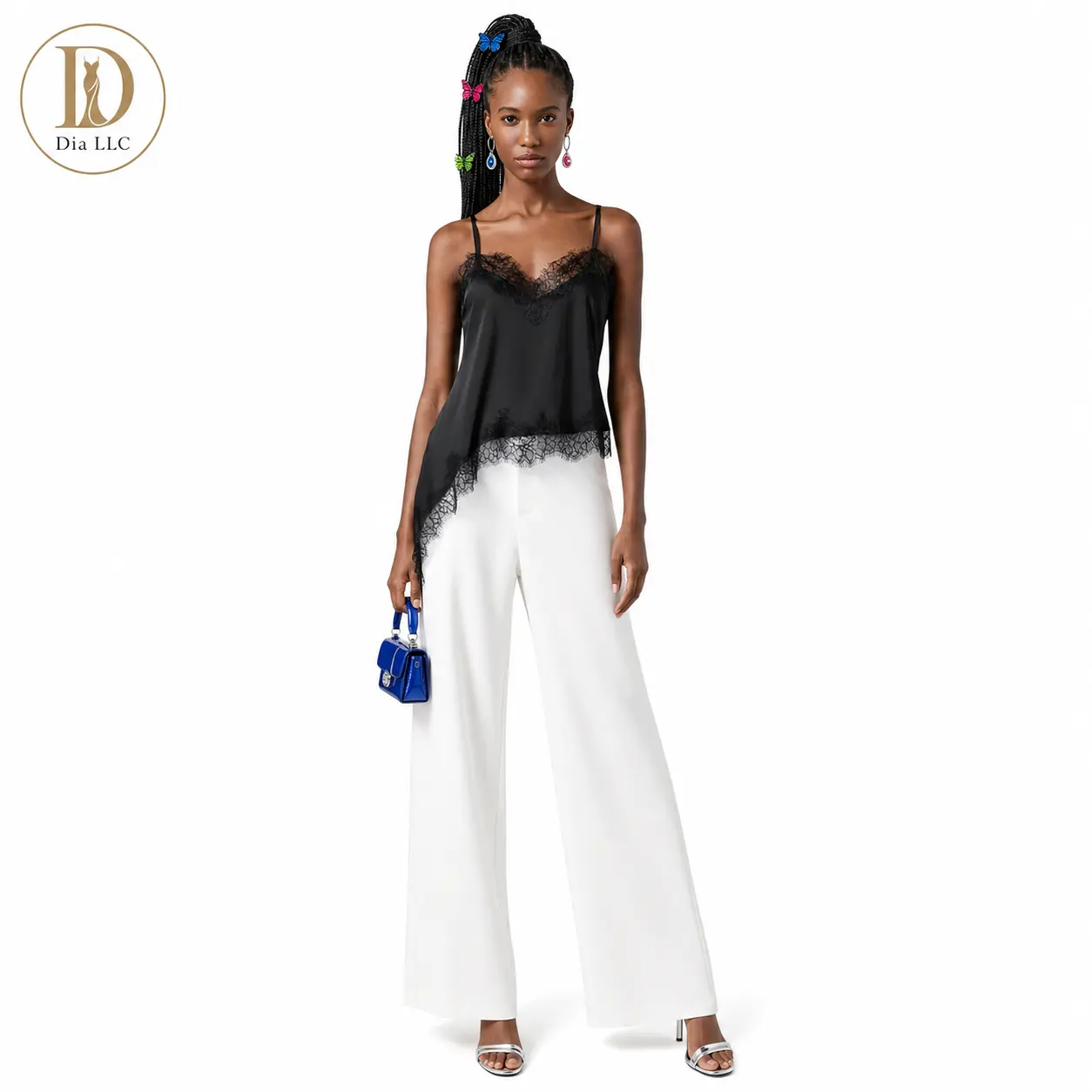 Dia LLC Women’s Black Asymmetric Lace Trim Camisole Top, Adjustable Spaghetti Strap Satin-Look Y2K Going Out Top for Summer, Vacation & Party