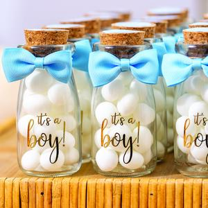 Its a Boy Vintage Milk Glass Bottles with Ribbons and Stickers - Baby Shower Favor Jars for Guests and Flower Table Centerpieces - Gift Pack