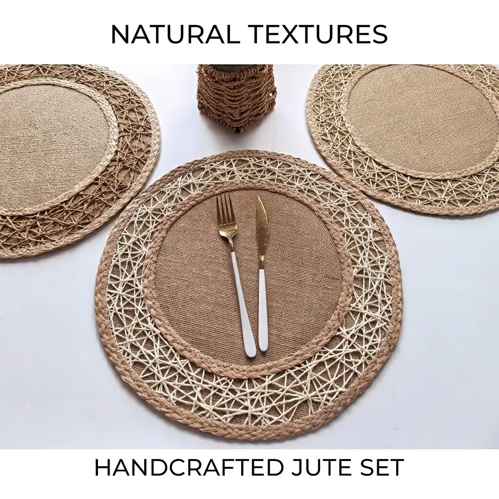 Round Jute Placemat Set, handcrafted hollow woven edge, heat-resistant, for dining table, home kitchen decor and daily table setting