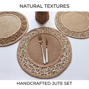 Round Jute Placemat Set, handcrafted hollow woven edge, heat-resistant, for dining table, home kitchen decor and daily table setting