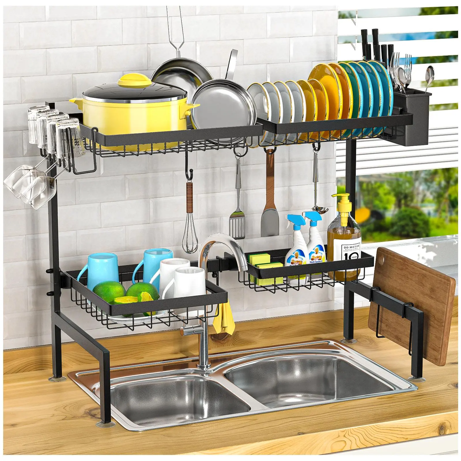 Over The Sink Dish Drying Rack - 2 Tier 4 Baskets, 24.8"-35.4" Size, Large Storage Organizer for Cooking Utensils, Modern Design - Organization Kitchenware Rack Cutting Board