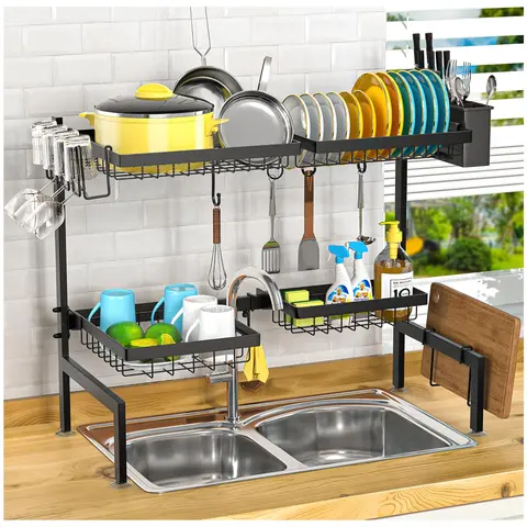 Kitchen Contemporary Over the Sink Dish Drying Rack - Rectangular Mounted Organizer Stand with 2-Tier Draining Boards, 4 Baskets, Adjustable Height 24.8"-35.4", Cutting Board & Utensil Holder