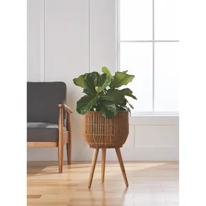 13 Inch Round Brown Resin Rattan Planter & Stand with Acacia Wood Legs for Indoor Outdoor Use Elegant Planter Set