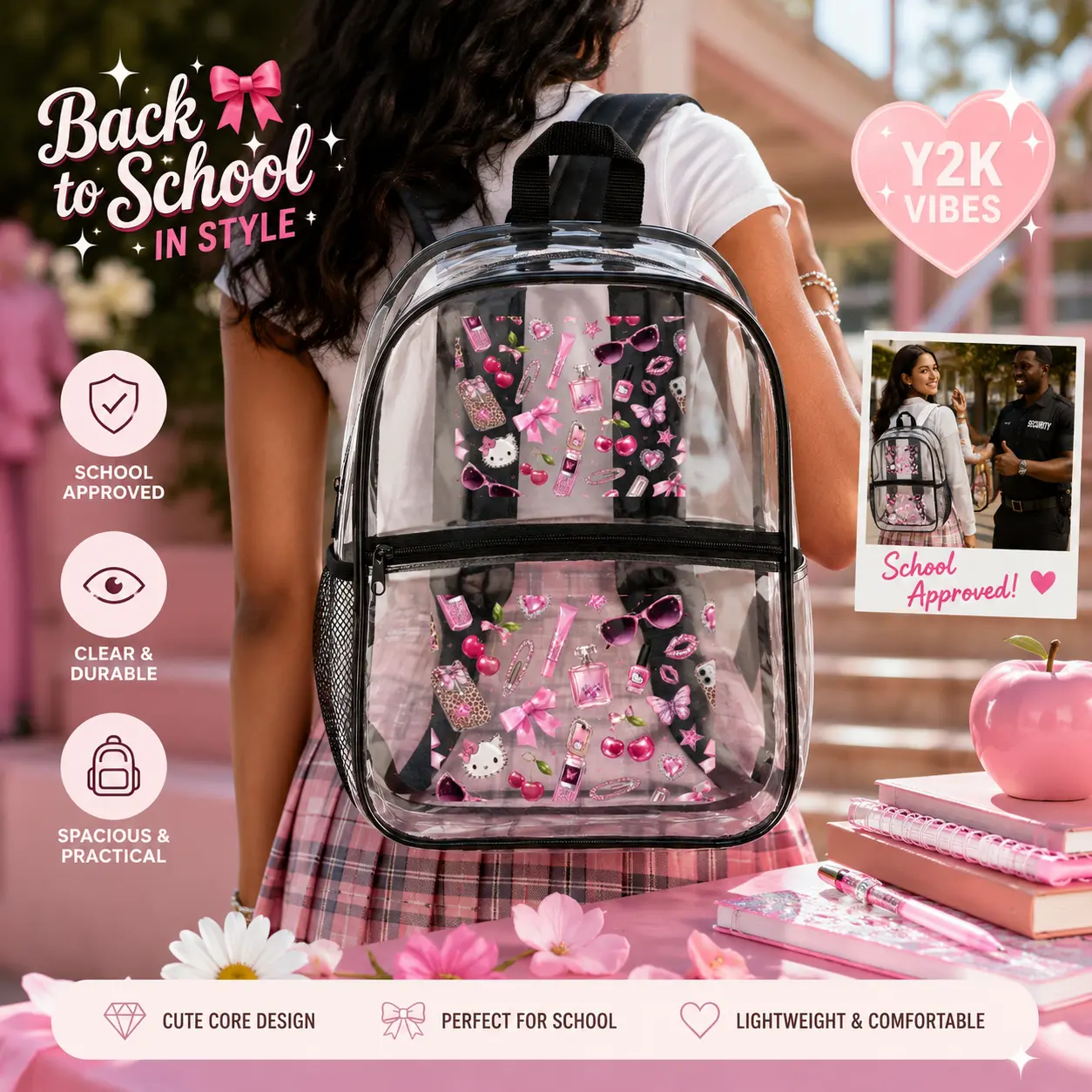 Falling Makeup Print Clear Backpack | Transparent School Bag, Cosmetic Pattern