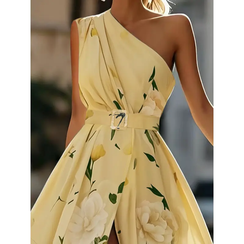 Women's 100% Polyester Elegant Sleeveless Floral Maxi Dress - Mustard-Yellow  & Green Print, Asymmetric Neck, Belt Closure, Non-Stretchy,  Machine-Washable, Casual Wear, Yellow-Green Casual Dresses for Weddings,  Everyday Outfits (Spring/Fall/Summer ...