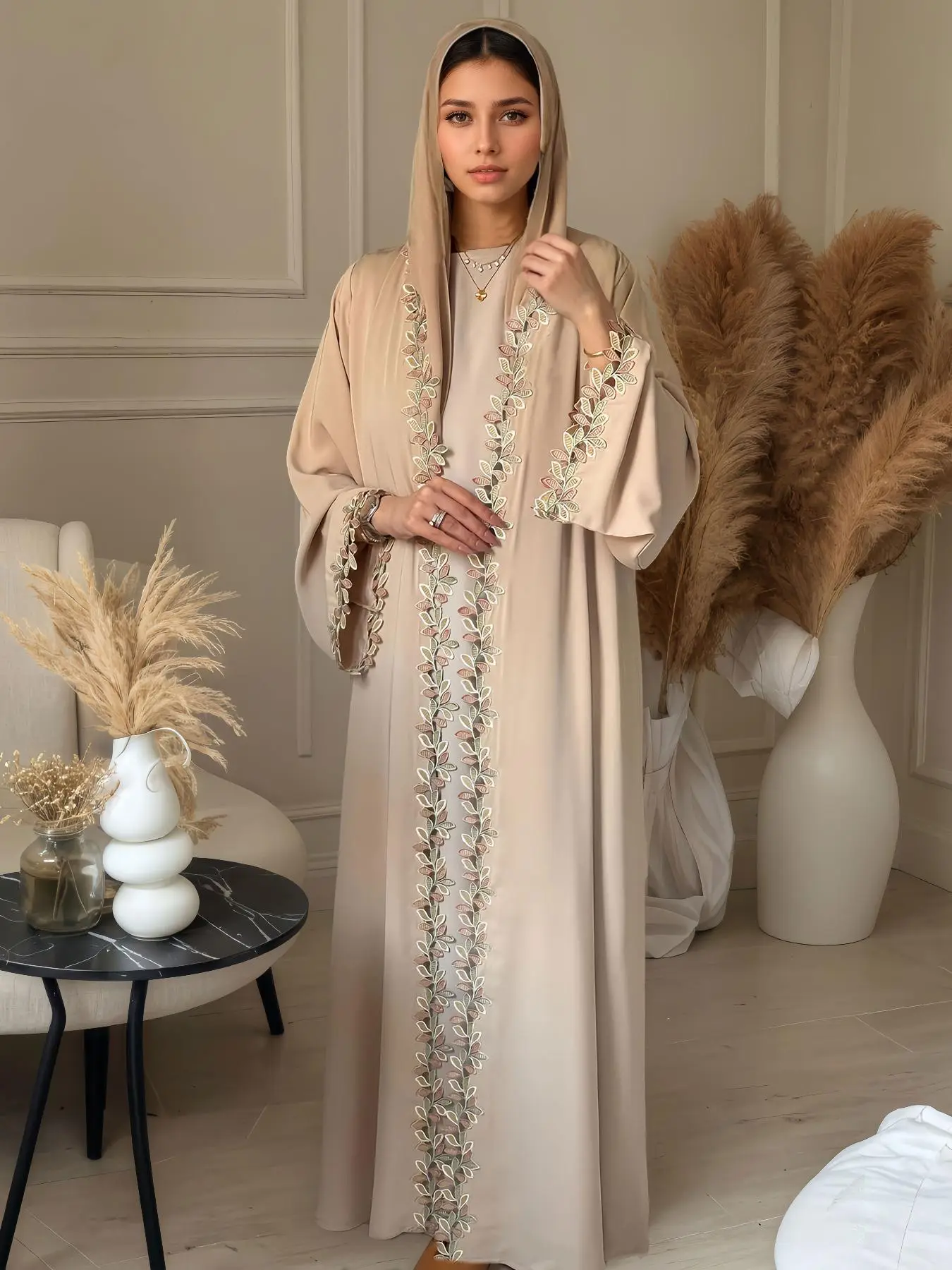 Women's Leaf Embroidery Abaya, Elegant Long Sleeve Open Front Abaya for Women, Ladies Islamic Clothing for Daily Wear