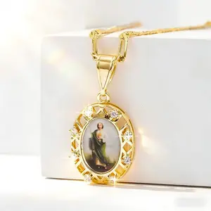 Elegant Saint Jude Pendant Necklace Unisex 14K Gold Plated Copper with 3A Synthetic Zirconia Christian Jewelry Luxurious Fashionable Daily Wear Christmas Gift