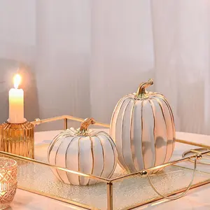 Fall Pumpkin Decor, 2 PCS Resin Thanksgiving Fake Pumpkin Figurines, White and Gold Pumpkins for Decorating, Fall Decorations for Home, Farmhouse, Harvest Table Centerpiece WESTBOAT Store