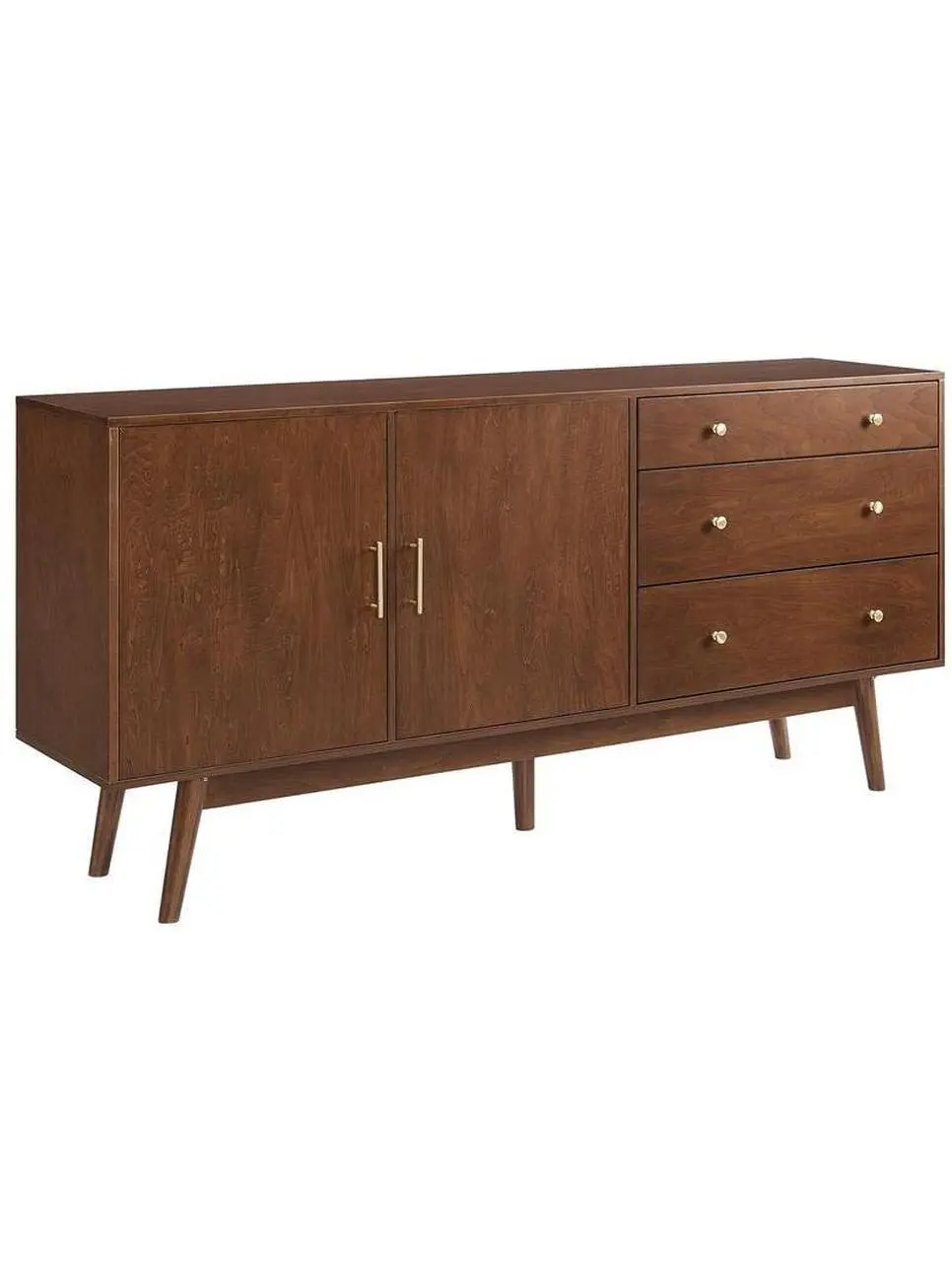 Walker Edison 70 in. Mid-Century 1960s Style Full Height Sideboard - Walnut, 3-Drawer Storage, Double Door, Adjustable Shelves, 1960S Style Sideboards, Adjustable Shelves Sideboards