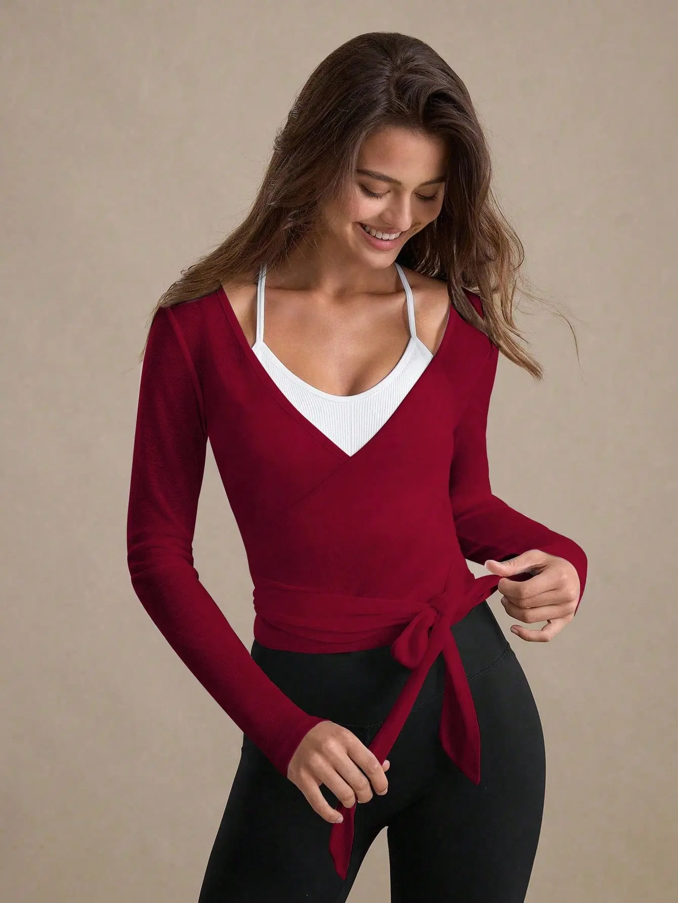 VYNCE Unique Perforated Texture T-Shirt Women's Casual Tie-Up Long Sleeve Top Versatile For All Seasons Trendy Fashion Blouse