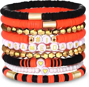 9 Pack Game Day Bracelets for Women Stackable Heishi Beaded Stretch Bracelet Football Sport Fan Bracelet Sports Game Team Jewelry Accessories Gifts