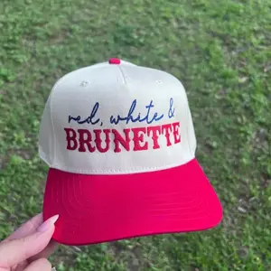 Red White & Brunette Trucker Hat, Funny 4th of July Embroidered Baseball Cap for Women, Country Girl Summer Snapback, Patriotic USA Hat Cap