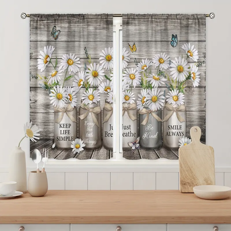 2pcs Farmhouse Floral Kitchen Curtains Rustic Country Vintage Flower Daisy Wooden Inspirational Small Short Cafe Curtain Rod Pocket Window for Bedroom Office Kitchen Living Room Study  Decor, 27 5*39 Inch,  Decor Curtains, Living Room Drapes casual home