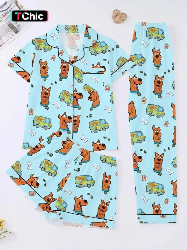 Cute Puppy Pajama Set for Women, Cartoon Dog Button Up PJs, Soft Short Sleeve Sleepwear, Comfortable Loungewear