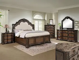 B1640 4 pc Ludwig Rich Brown Finish Wood Padded Upholstered Nail Head Trim Headboard Queen Bedroom Set with Marble Tops