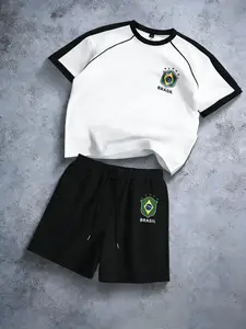 Brazil National Team Colorblock Set, Patch Print Shorts, Geometric Pattern T-Shirt, Casual Sportswear, Multiple Colors Available