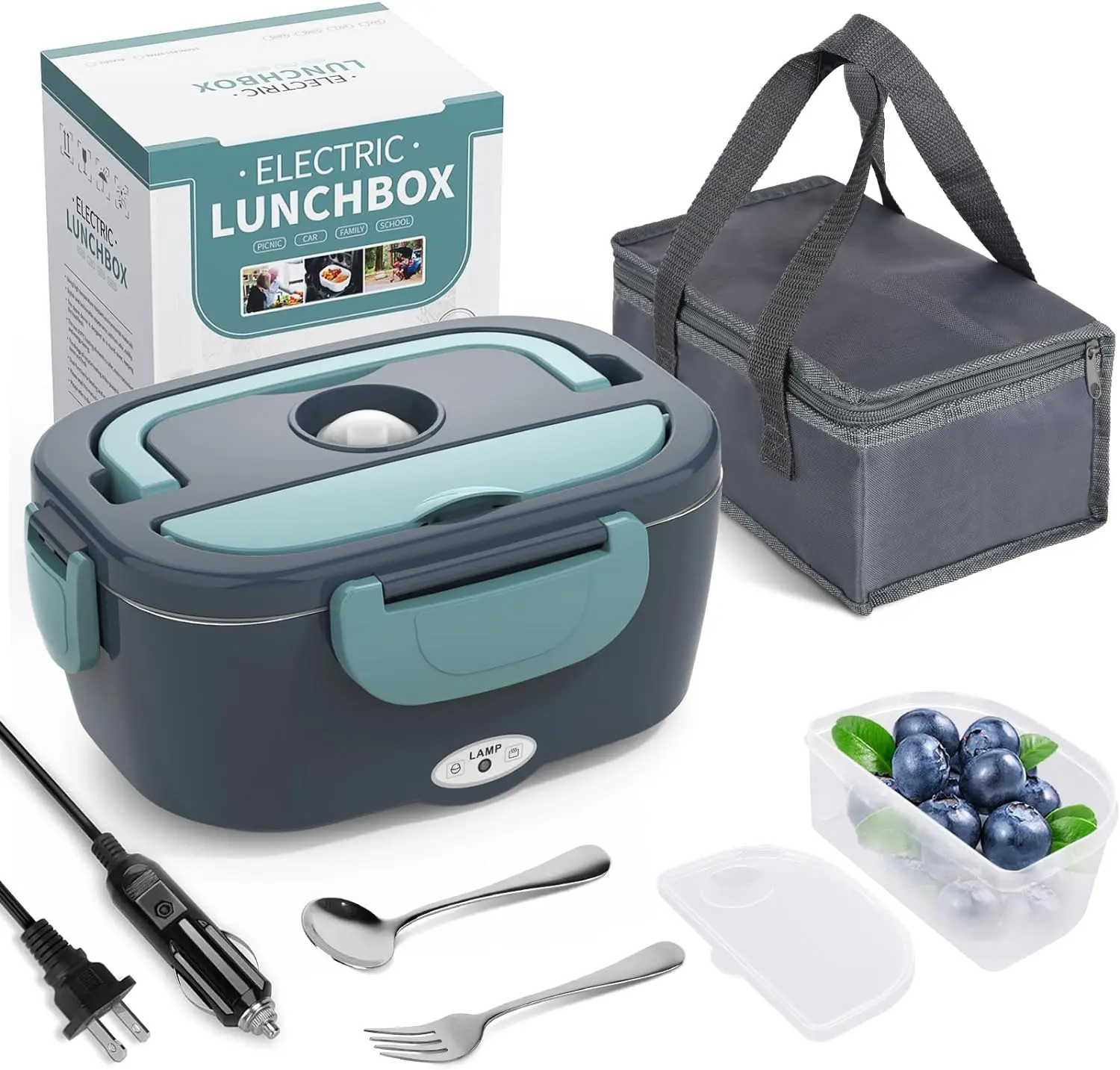 Electric Lunch Box Food Heater, 3 in 1 Ultra Quick Heated Lunch Boxes for Adults, 12V/24V/110V Portable Food Warmer for Car/Truck/Office with Fork Spoon and Insulated Carry Bag