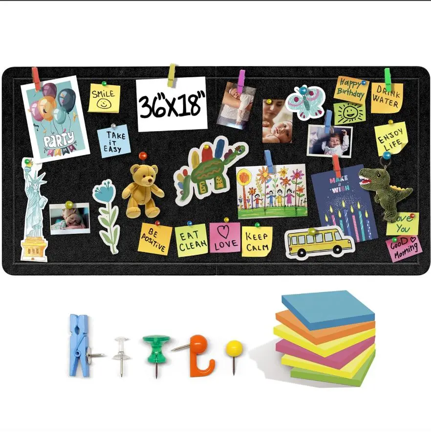 Shop Square Large Felt Bulletin Board - Foldable Cork Board Alternative for Wall, Includes Color Pins & Note Pads, Vision Board (Black, Multiple Sizes)