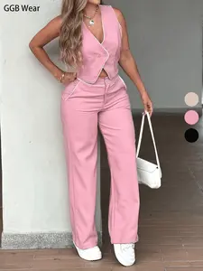 New Summer Spring Light Mature Style Two-Buckle Vest High-Waisted Wide-Leg Pants Set, Fashionable for Women, Trendy Clothing Ensemble