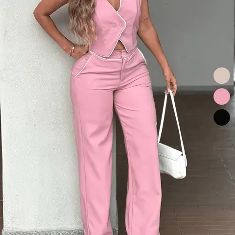 Women's Fashionable Spring Summer Two-Button Vest & High-Waisted Wide-Leg Pants Set, Suits, Womenswear