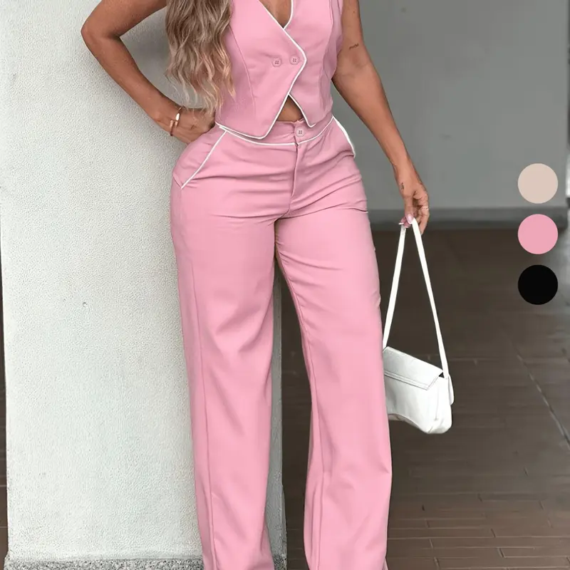 Women's Fashionable Spring Summer Two-Button Vest & High-Waisted Wide-Leg Pants Set, Suits, Womenswear