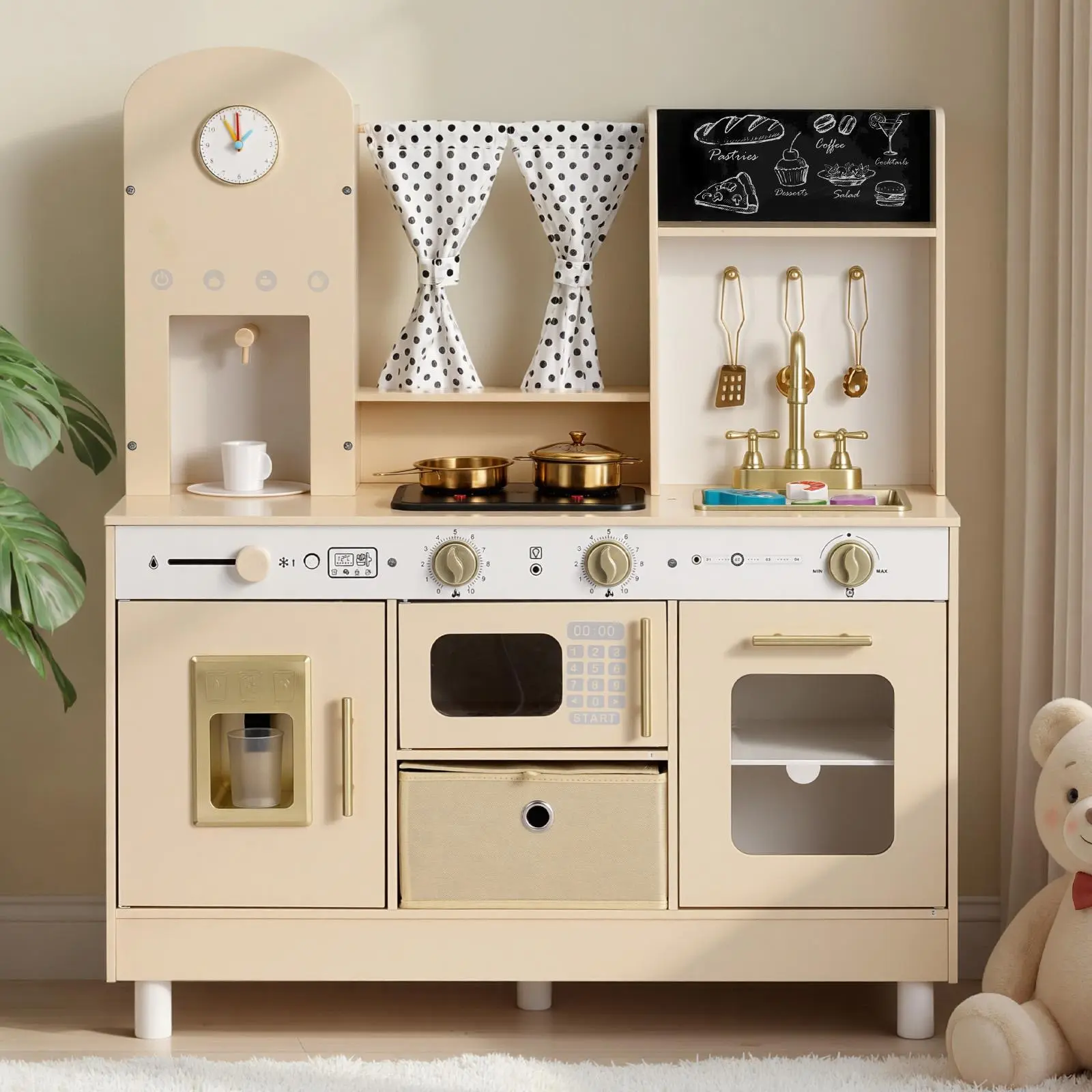 【SummerFinds】VEVOR Play Kitchen for Kids, Wooden, Kids Kitchen Playset with Realistic Lights & Sounds, Food & Cookware, Modern Style Pretend Play Toy Set, Ice Maker, Microwave, for Toddlers, Girls & Boys Ages 3-8