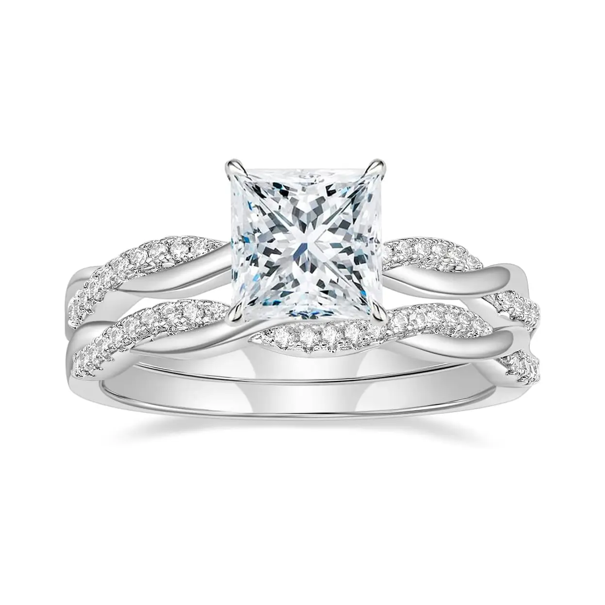 EAMTI 2ct Wedding Band for Women Princess Cut Bridal Ring Sets Cubic Zirconia Promise Engagement Rings Twisting Infinity Pave Set