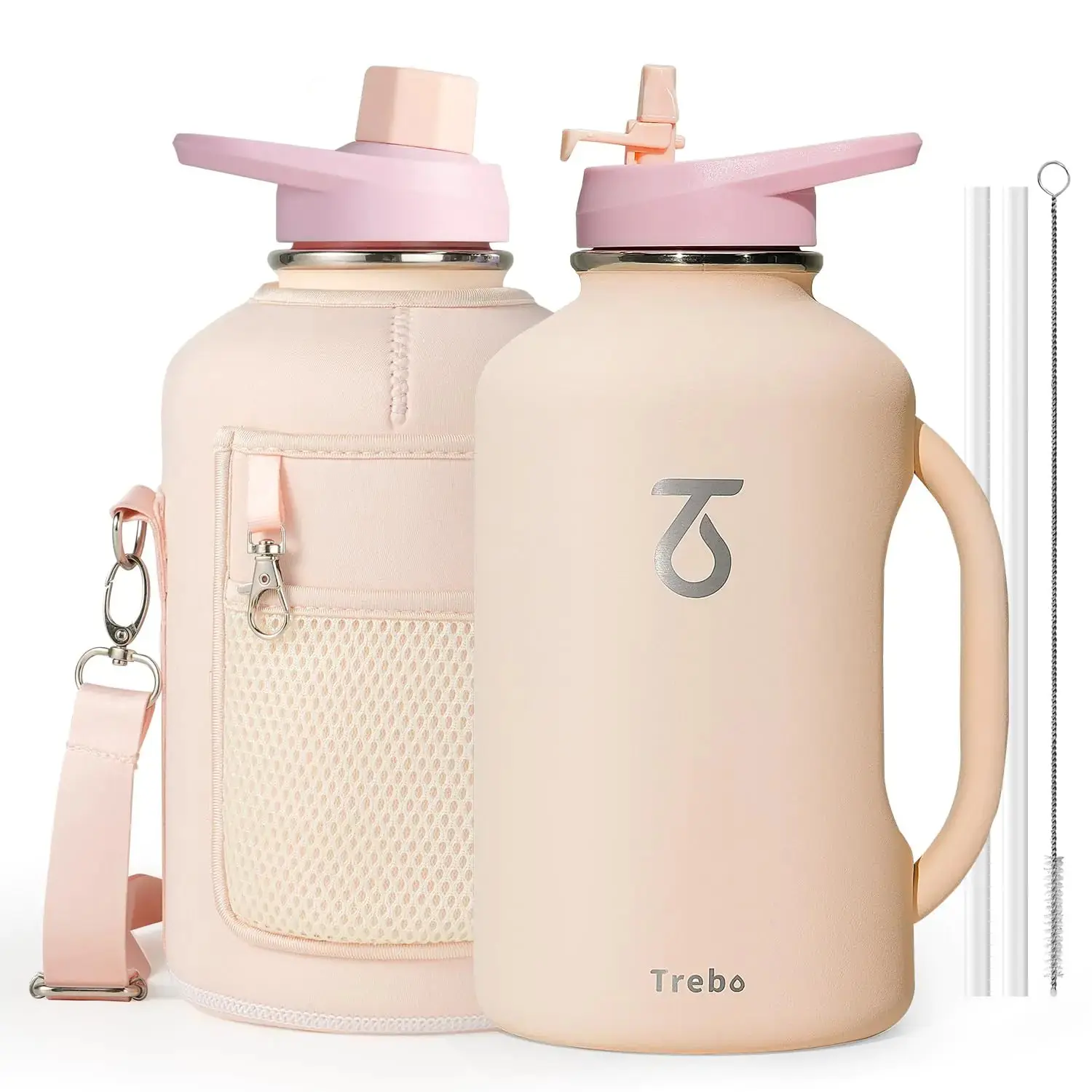 Trebo Half-Gallon Insulated Water Bottle — 64oz Stainless Steel Flask with Straw & Spout Lids, Carry Strap, and 48-Hour Cold Protection (Nude Pink)