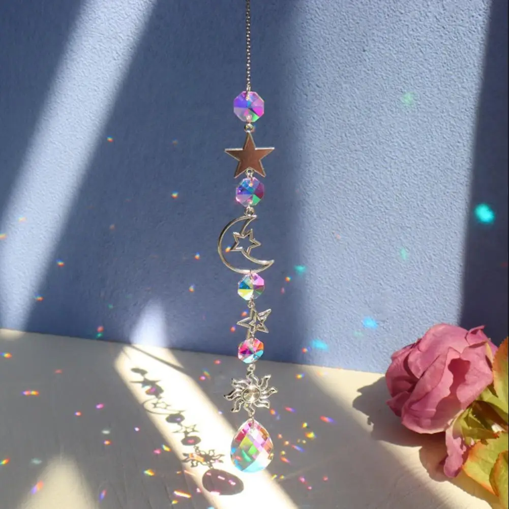 Crystal Sun Catcher, Moon & Star Design Car Hanging Pendant, 1 Count Hanging Decoration for Car, Car Rearview Mirror Hanging Pendant, Car Interior Dec