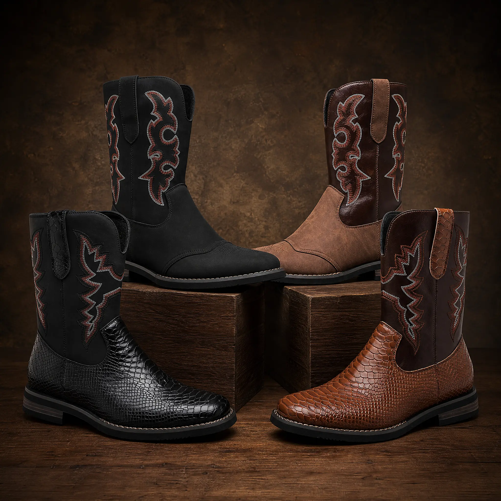 CYUW men’s Western cowboy mid-calf boots with side zipper design, classic casual boots for everyday wear, available in black and brown.