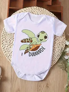 Unisex Fitted Soft Cotton Animals-Themed "I DUUUUDE" Turtle Print Baby Bodysuit - Short-Sleeve Polyester Infant Romper, Easy Care, Summer Sporty, Ideal Pregnancy Gift, Outdoor Use
