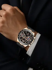 A men's New Style Black Watch with Round Case, Exoskeleton Design, Three-Eye Multi-Function and Six-Hands Simple Quartz Watch Chronograph Watch Business Fashion Watches