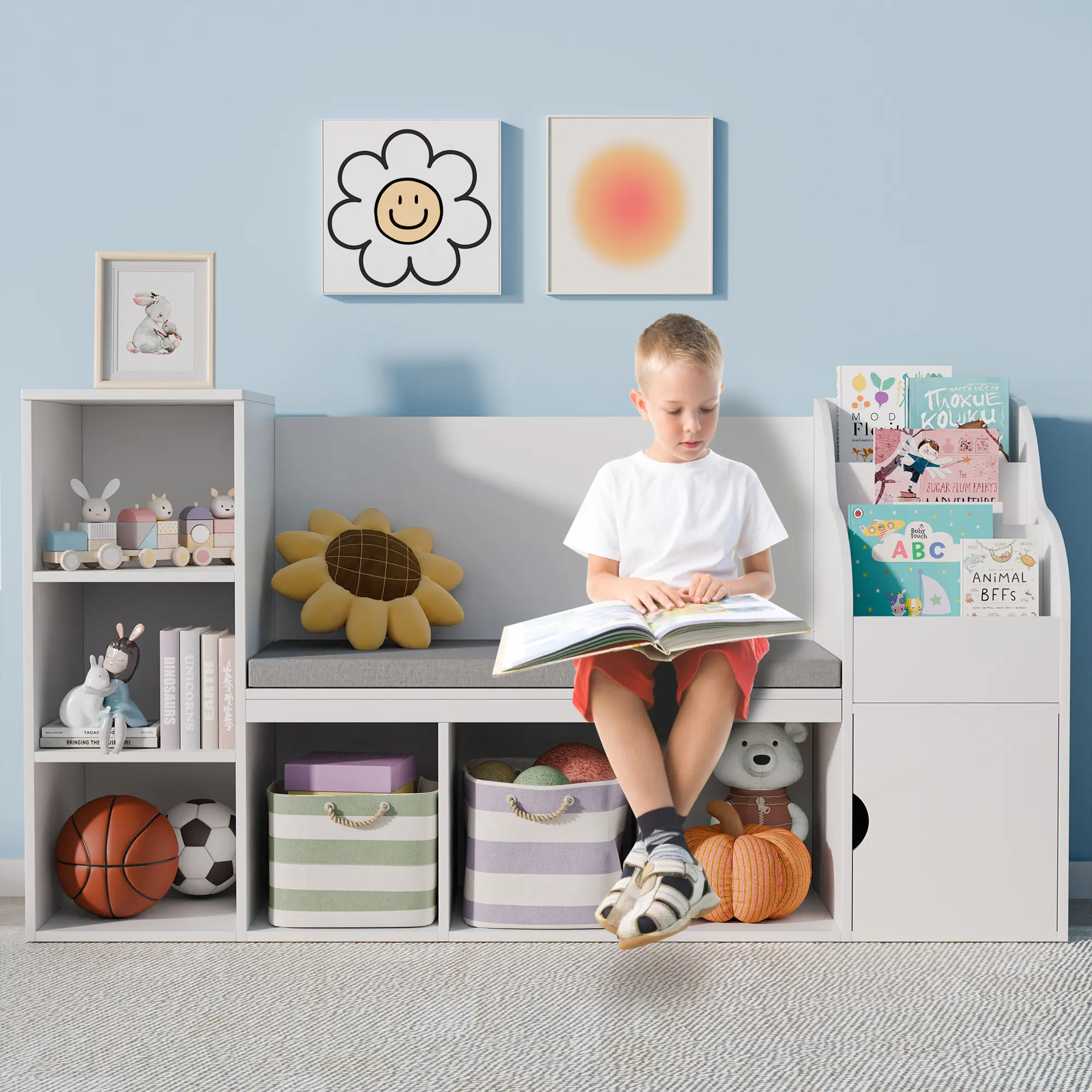Topwin Reading Nook with Bench,Bookshelf and Bookcase with Seat Cushion and 9 Storage Cubbies,Toy Storage Box Organize Aesthetic Comfortable Nursery