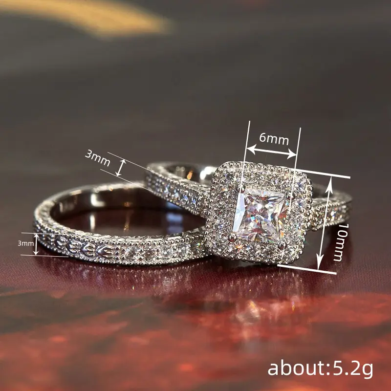 Retro princess-style two-piece bridal ring set, engagement ring and wedding ring set, elegant bridal style