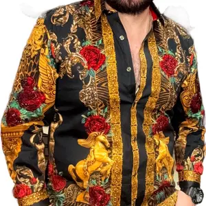 RADIANT SCULPT RHINESTONE LONG SLEEVE SHIRT with Gold Accents and Red Roses Design for Men